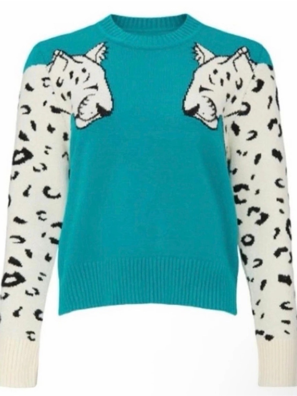 MINKPINK Leopard Sleeve Crewneck Sweater in Teal & White Size Large